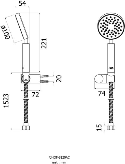 FJHOF-S120AC ฝักบัวมือถือด้ามโค้งชุบซาติน 4"พร้อมสายสเตนเลส และขายึด