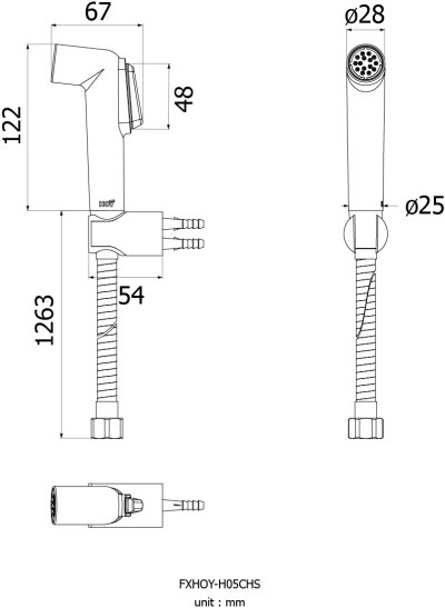 FXHOY-H05CHS หัวฉีดชำระพลาสติกรุ่น Hori ชุบโครเมี่ยมสายสแตนเลส 1.2 เมตร