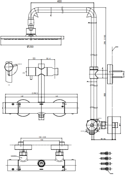 TBW07404T ก๊อกผสมสำหรับยืนอาบน้ำแบบปรับอุณหภูมิคงที่ พร้อมฝักบัวก้านแข็ง