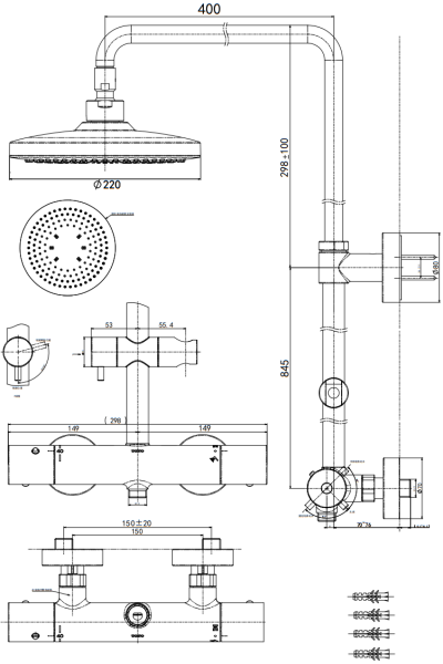 TBW01402TA ก๊อกผสมสำหรับยืนอาบน้ำแบบปรับอุณหภูมิคงที่ พร้อมฝักบัวก้านแข็ง