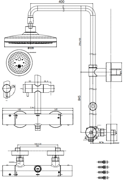 TBW01404TA ก๊อกผสมสำหรับยืนอาบน้ำแบบปรับอุณหภูมิคงที่ พร้อมฝักบัวก้านแข็ง 2 ฟังก์ชัน