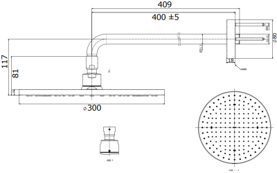 TBW07003T ฝักบัวก้านแข็ง (ชนิดติดผนัง) ø 300 mm.