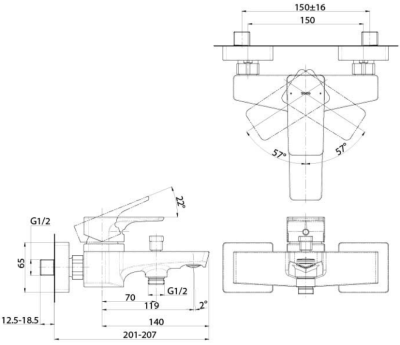 TBG07302T#BN ก๊อกผสมสำหรับลงอ่างอาบน้ำและยืนอาบ ชนิดติดผนัง (ไม่รวมชุดฝักบัวสายอ่อน