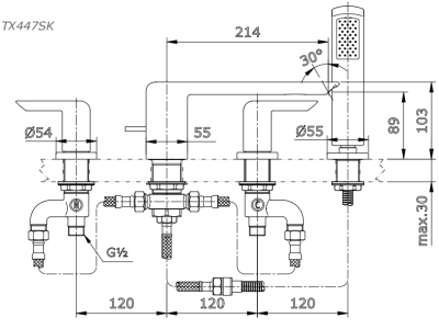 TX447SK ก๊อกผสมอ่างอาบน้ำติดเคาน์เตอร์+ฝักบัว