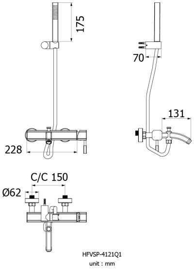 HFVSP-4121Q1 ก๊อกอ่างอาบน้ำติดผนังเดี่ยวผสม + ฝักบัวสายอ่อน รุ่น HARMONY วาล์วโยก