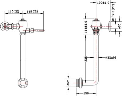 KV-02-321-50 ฟลัชวาล์วโถสุขภัณฑ์แบบโยก (ท่อโค้ง)