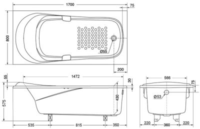 PAY1720HWH อ่างอาบน้ำอะคริลิค แบบมีมือจับ