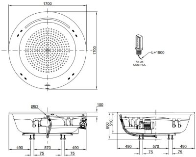 PPYK1720HPTE อ่างอาบน้ำเพิรลระบบน้ำวน+มือจับ+สะดือ