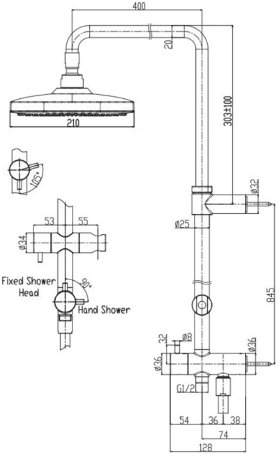 TBW02002TR ชุดฝักบัวอาบน้ำฝักบัวก้านแข็ง 2 ฟังก์ชั่น