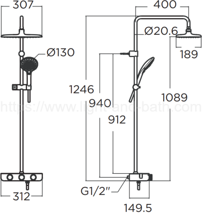 A-6110-978-908AT-BK (FFAS4955-701440BT0) ก๊อกผสมควบคุมอุณหภูมิอัตโนมัติพร้อมชุดฝักบัวสายอ่อนและเรนชาวเวอร์