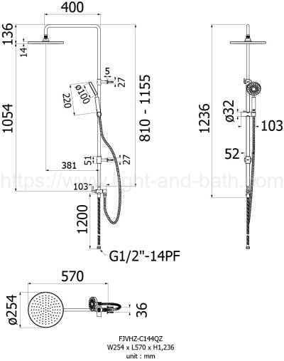 FJVHZ-C144QZ ชุดฝักบัวก้านแข็ง SUS304 แบบ1ระดับ ก้านปรับระดับได้ ไม่มีวาล์วเปิดปิด รุ่น SHS002