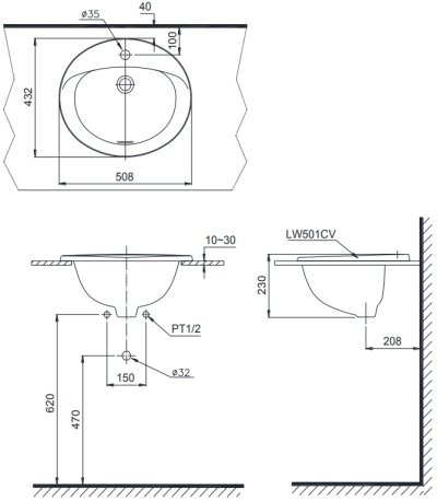 LW501R อ่างล้างหน้าฝังบนเคาน์เตอร์ (1 รูก๊อก)