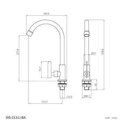 WS-2131J-BA ก๊อกซิงค์เดี่ยวสแตนเลส ตั้งพื้น สีดำ รุ่น POPO