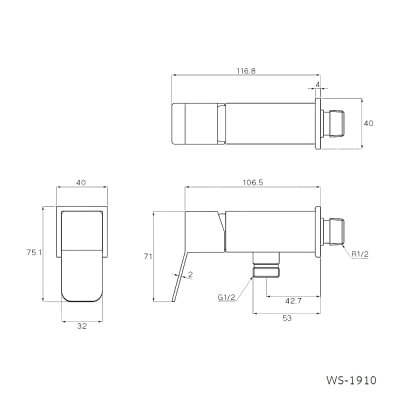 WS-1910 ก๊อกน้ำเย็นยืนอาบ แบบติดผนัง รุ่น SQUARE