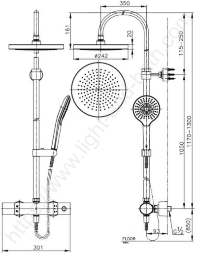 CPF300H1H2#GR2 ก๊อกผสมยืนอาบน้ำ พร้อมวาล์วควบคุมอุณหภูมิ ฝักบัวสายอ่อน 1 ฟังก์ชั่งและฝักบัวก้านแข็ง 1 ฟังก์ชั่น รุ่น QUIL