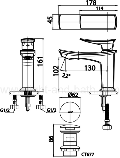 CT2251A#CRG ก๊อกผสมอ่างล้างหน้าแบบก้านโยก(สีโครมโรสโกล์ด)พร้อมสะดือแบบกดและสายน้ำดี รุ่น THANTARA