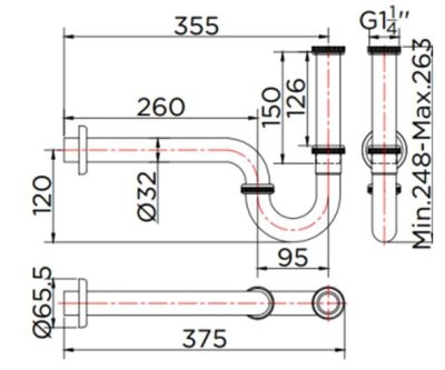 KA-01-123-50(S) ท่อน้ำทิ้งแบบ P-Trap ยาวพิเศษแนวนอน 35 ซม. (สแตนเลส 201)