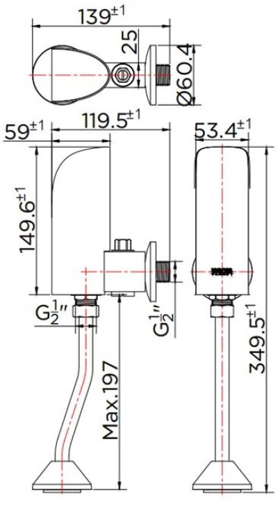 KV-01-014-50 ฟลัชวาล์วโถปัสสาวะชายระบบเซ็นเซอร์ แบบใช้แบตเตอรี่