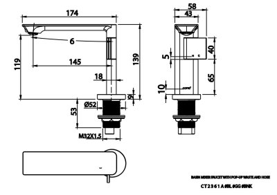CT2361A#BNK ก๊อกผสมอ่างล้างหน้าพร้อมสายน้ำดี รุ่น QUAD
