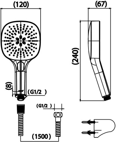 ZH026#BL(HM) ฝักบัวพร้อมสาย 3 ฟังก์ชั่น (สีดำ)