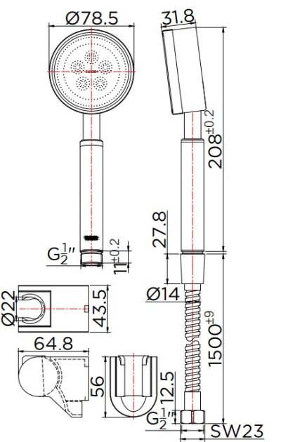 KS-21-231-63 ฝักบัวสายอ่อน ปรับน้ำ 1 ระดับ พร้อมขอแขวนแบบปรับระดับ