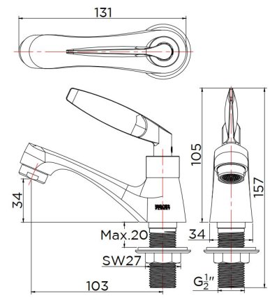KF-47-100A-50 ก๊อกอ่างล้างหน้า (น้ำเย็น) แบบติดเคาน์เตอร์
