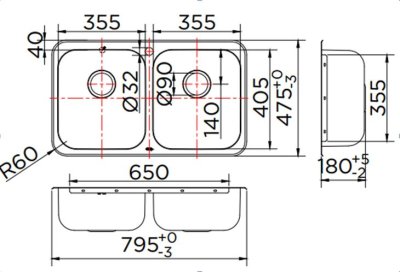 KK-01-020H-63 ชุดอ่างซิงค์ แบบ 2 หลุมไม่ที่พัก SUS304 หนา 0.7 พร้อมท่อน้ำทิ้ง+คลิปล๊อค 795x745x180 มม.