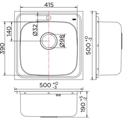 KK-01-010H-63 ชุดอ่างซิงค์ แบบ 1 หลุมไม่มีที่พัก SUS304 หนา 0.6 พร้อมท่อน้ำทิ้ง+คลิปล๊อค 500x500x190 มม.