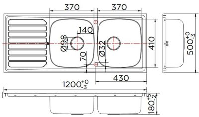KK-01-021H-63 ชุดอ่างซิงค์ แบบ 2 หลุมมีที่พัก SUS304 หนา 0.6 พร้อมท่อน้ำทิ้ง+คลิปล๊อค 1,200x500x180 มม