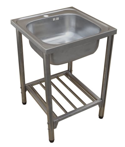 KK-02-010H-63 ชุดอ่างซิงค์ แบบ 1 หลุมไม่มีที่พัก+ชุดขาตั้ง SUS304 หนา 0.6 พร้อมท่อน้ำทิ้ง+คลิปล๊อค 500x500x860 มม
