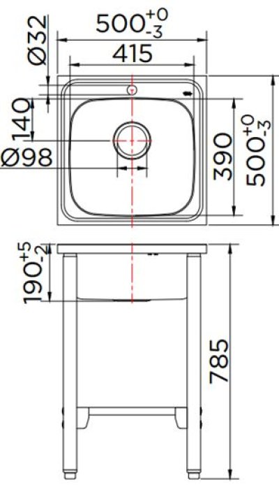 KK-02-010H-63 ชุดอ่างซิงค์ แบบ 1 หลุมไม่มีที่พัก+ชุดขาตั้ง SUS304 หนา 0.6 พร้อมท่อน้ำทิ้ง+คลิปล๊อค 500x500x860 มม