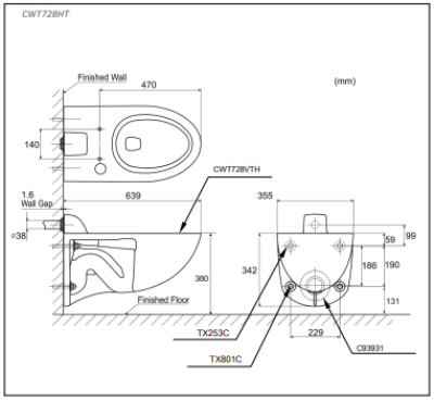 CWT728HT สุขภัณฑ์ แบบแขวนผนัง (น้ำเข้าด้านหลัง)