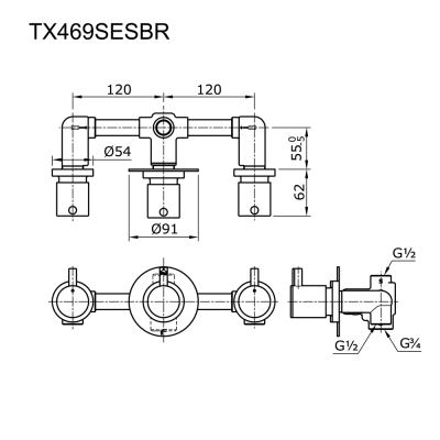 TX469SESBR ก๊อกผสมสำหรับยืนอาบน้ำ ชนิดฝังผนัง พร้อมชุดเปลี่ยนทิศทางน้ำ