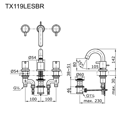 TX119LESBR ก๊อกผสมอ่างล้างหน้า 3 รูก๊อก พร้อมสะดือป๊อปอัพ