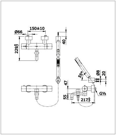 TX449SEV2Z#MB ก๊อกผสมสำหรับลงอ่างอาบน้ำและยืนอาบ แบบปรับอุณหภูมิคงที่ ชนิดฝังผนัง พร้อมฝักบัวสายอ่อน 2 ฟังก์ชัน รุ่น EGO II