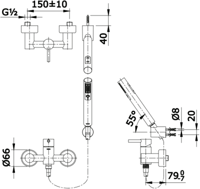 TX474SESM ก๊อกผสมสำหรับยืนอาบน้ำแบบก้านโยก พร้อมฝักบัวสายอ่อน 2 ฟังก์ชัน รุ่น EGO II