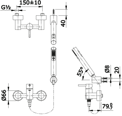 TX450SEV2N ก๊อกผสมสำหรับยืนอาบน้ำ แบบปรับอุณหภูมิคงที่ ชนิดติดผนัง พร้อมฝักบัวสายอ่อน 2 ฟังก์ชัน