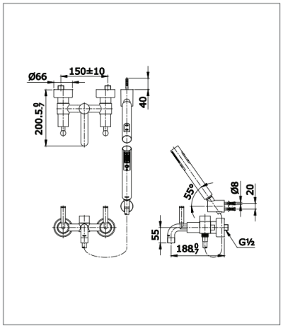TX445SELMN ก๊อกผสมสำหรับลงอ่างอาบน้ำและยืนอาบ แบบก้านโยก พร้อมฝักบัวสายอ่อน 2 ฟังก์ชัน