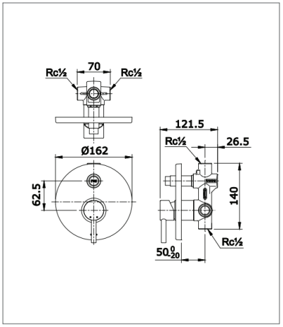 TX442SESN#BG ก๊อกผสมสำหรับลงอ่างอาบน้ำและยืนอาบ ชนิดฝังผนัง พร้อมชุดเปลี่ยนทิศทางน้ำ