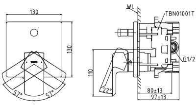 TBG02304T ก๊อกผสมยืนอาบน้ำชนิดฝังผนังพร้อมชุดเปลี่ยนทิศทางน้ำ