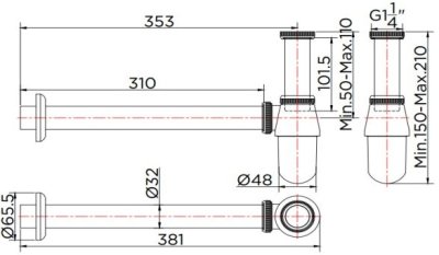 KA-02-112-50(S) ท่อน้ำทิ้งแบบกระปุก ยาวพิเศษแนวนอน 35 ซม. (Zinc)