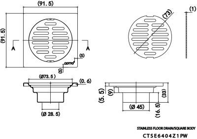 CTSE6404Z1PW(HM) ตะแกรงน้ำทิ้งสเเตนเลสเหลี่ยมหน้าแปลน 3.5 นิ้ว