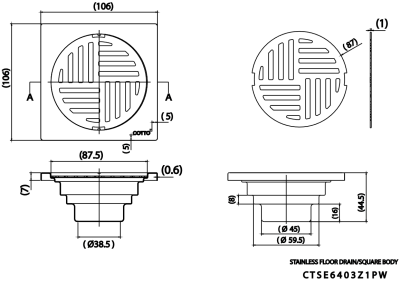 CTSE6403Z1PW(HM) ตะแกรงน้ำทิ้งสเเตนเลสเหลี่ยมหน้าแปลน 4 นิ้ว