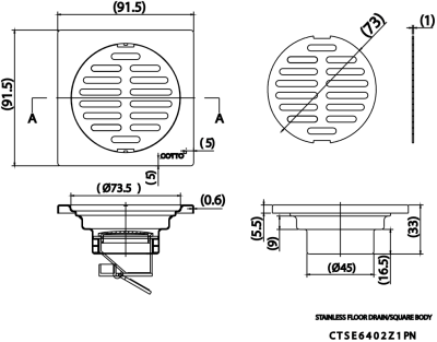 CTSE6402Z1PN(HM) ตะแกรงน้ำทิ้งสเเตนเลสเหลี่ยมหน้าแปลน 3.5 นิ้ว