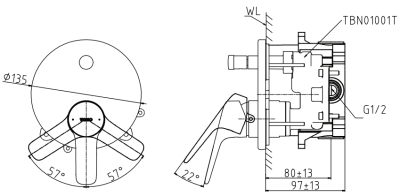 TBG03304T ก๊อกผสมยืนอาบน้ำชนิดฝังผนังพร้อมชุดเปลี่ยนทิศทางน้ำ