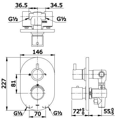 TX473SESN#MB ก๊อกผสมสำหรับลงอ่างอาบน้ำและยืนอาบ แบบปรับอุณหภูมิคงที่ ชนิดฝังผนัง พร้อมชุดเปลี่ยนทิศทางน้ำ