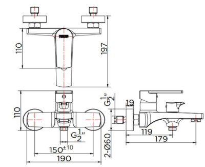 KF-58-720-50 ก๊อกผสมอ่างอาบน้ำแบบก้านโยกติดผนัง สำหรับฝักบัวสายอ่อน
