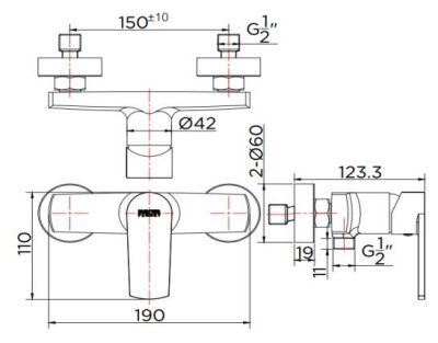 KF-58-760-50 ก๊อกผสมยืนอาบแบบก้านโยกติดผนัง สำหรับฝักบัวสายอ่อน