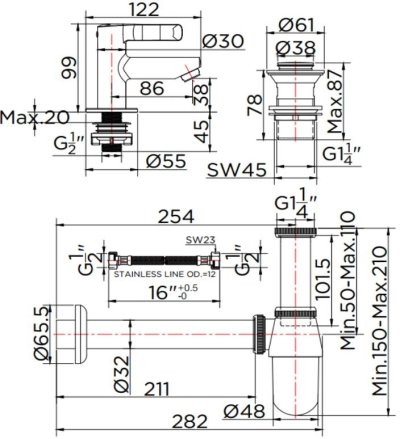 KFA-005-100B ชุดเซ็ทก๊อกเดี่ยวอ่างล้างหน้า สะดืออ่าง ท่อน้ำทิ้งและสายน้ำดียาว 16 นิ้ว