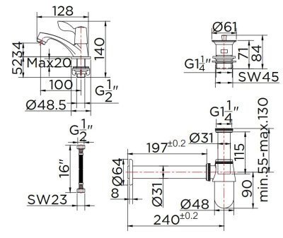 KFA-002-100 ชุดเซ็ทก๊อกเดี่ยวอ่างล้างหน้า, สะดืออ่าง, ท่อน้ำทิ้งและสายน้ำดียาว 16 นิ้ว